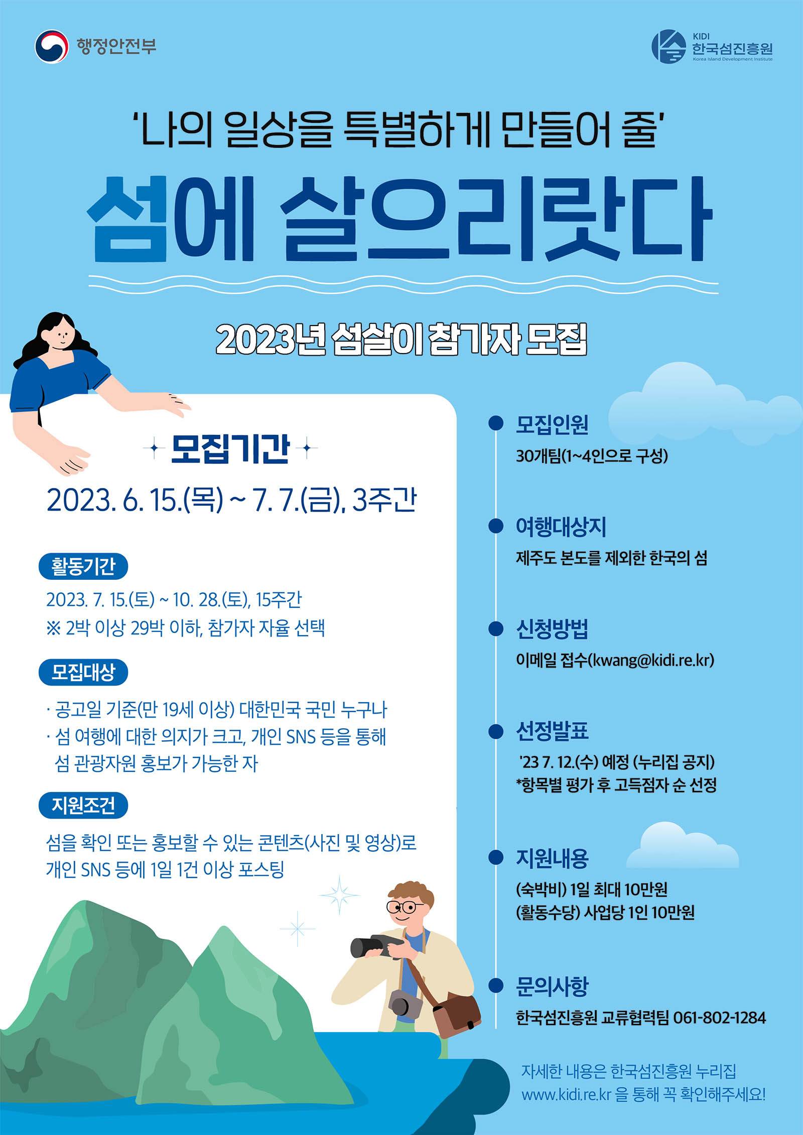 '나의일상을 특별하게 만들어 줄' 섬에 살으리랏다 2023년 섬살이 참가자 모집 모집기간 2023.6.15(목)~7.7.(금),3주간 활동기간 2023.7.15(토)~10.28(토),15주간 ※2박 이상 29박 이하,참가자자율선택 모집대상 공고일 기준(만 19세 이상) 대한민국 국민 누구나 섬 여행에 대한 의지가 크고, 개인 SNS 등을 통해 섬 관광자원 홍보가 가능한 자 지원조건 섬을 확인 또는 홍보할 수 있는 콘텐츠(사진 및 영상)로 개인 SNS 등에 1일 1건 이상 포스팅 모집인원:30개팀(1~4인으로 구성) 여행대상지:제주도본도를제외한한국의섬 신청방법:이메일접수(kwang@kidi.re.kr) 선정발표:'23.7.12(수)예정(누리집공지)*항목별 평가 후 고득점자 순 선정 지원내용:(숙박비)1일 최대 10만원,(활동수당)사업당 1인 10만원 문의사항:한국섬진흥원 교류협력팀 061-802-1284 자세한 내용은 한국섬진흥원 누리집 www.kidi.re.kr을 통해 꼭 확인해주세요!